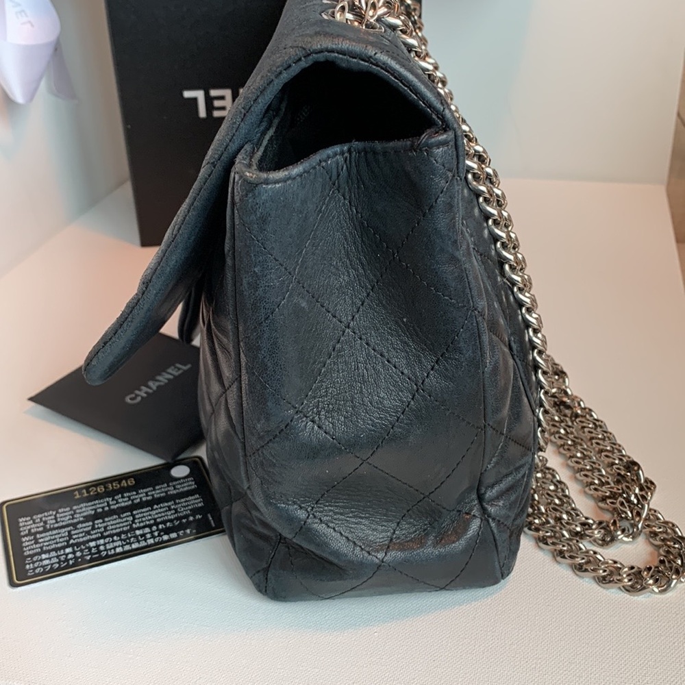 RARE🖤 CHANEL Modern Black Maxi Bijoux Chain Lamb Leather Quilted Flap Silver HW - Picture 4 of 16